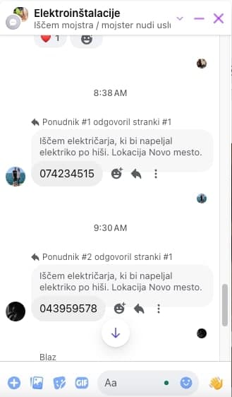 Primer Facebook pogovora, kjer več obrtnikov samo pusti kontakt pod povpraševanjem